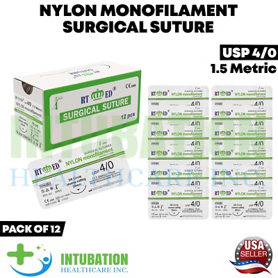 4/0 Suture Nylon Monofilament Thread Sterile Sutures Threads & Needle 12 Pack