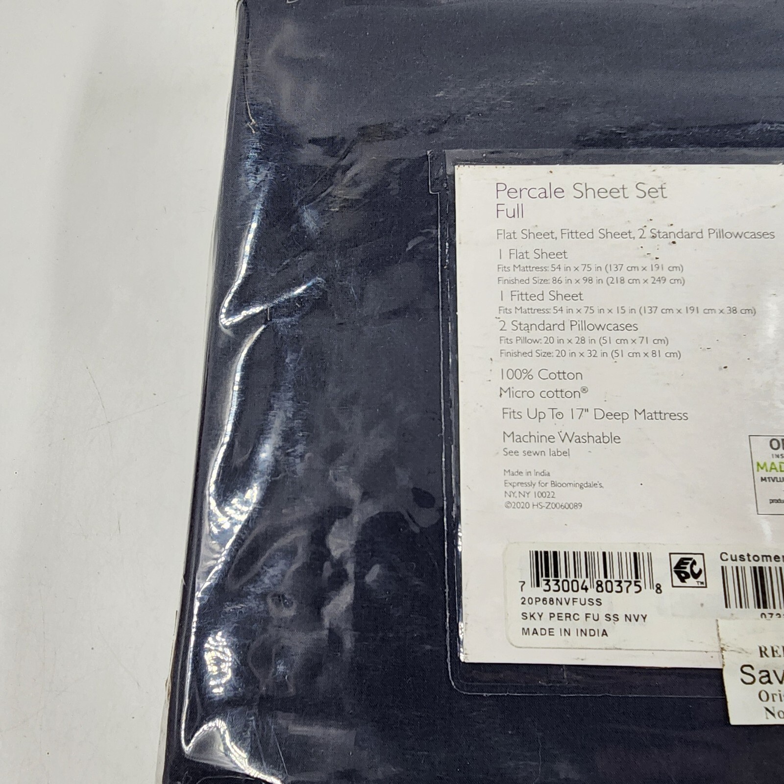 Sky Percale 4 Piece Full Sheet Set 54in x 75in Navy 2 Standard Pillowcases - Picture 10 of 12