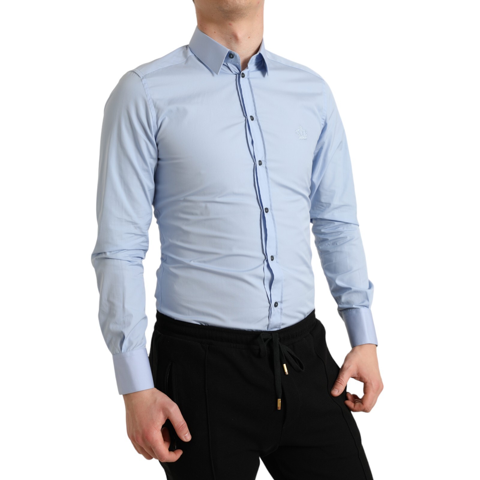 Pre-owned Dolce & Gabbana Shirt Dress Gold Sky Blue Cotton Men Formal 38/us15/xs 420usd