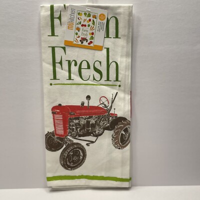 Kitchen Towel Dishtowel Oversized 20x30'' Cotton Farm Fresh Tractor Vegetables