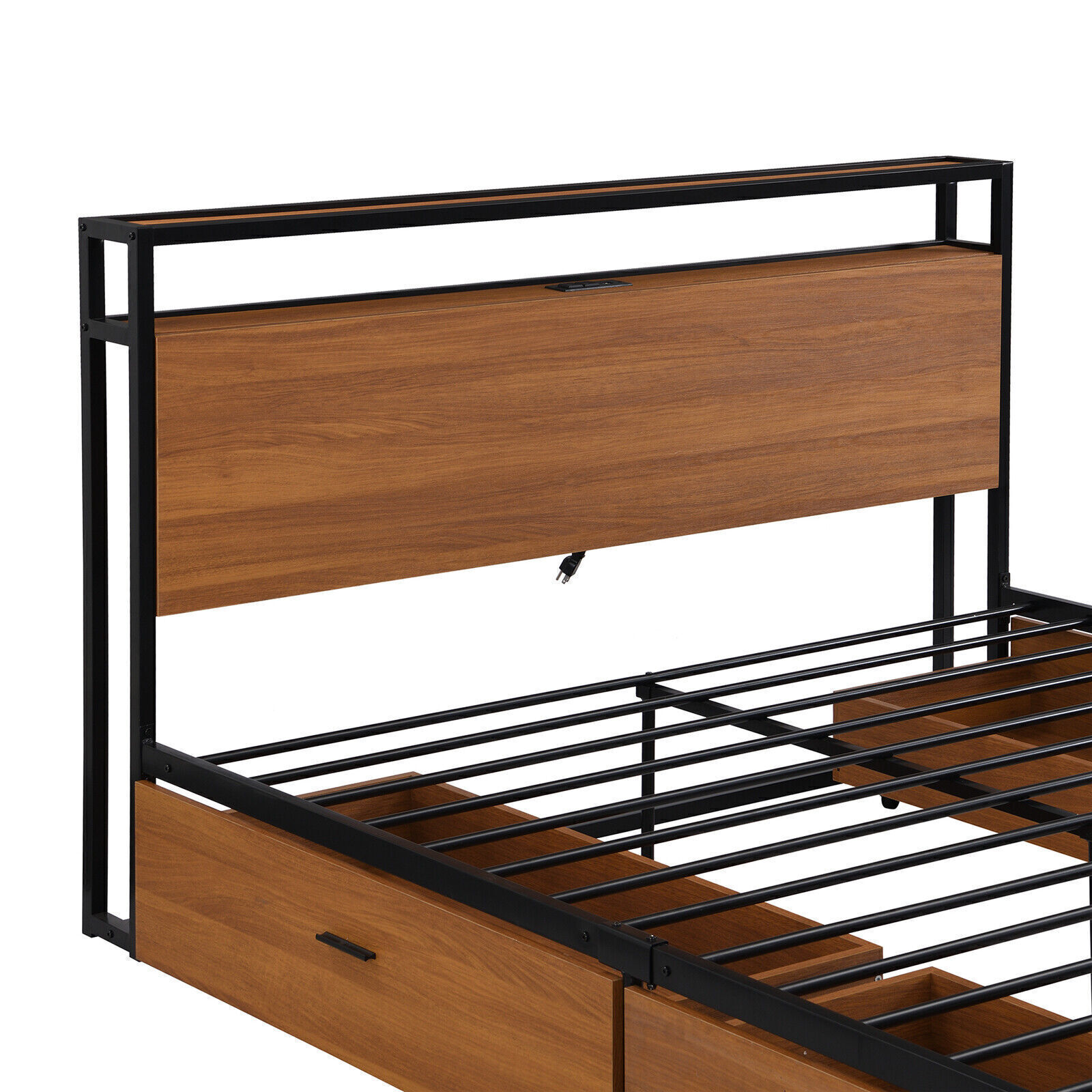 Black Queen Size Metal Platform Bed Frame with Sockets & USB Ports &Four Drawers