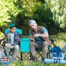 GYMAX Double Camping Chair, Beach Chair with Canopy Shade, Adjustable UV Protection, Cooler, Cup Holder and Carry Bag, Folding Portable Lawn Soccer Camp Chair with Umbrella for Adults (Navy, 2 Person)