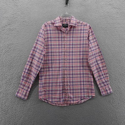 Rodd Gunn Sports Fit Shirt Small Pink Plaid Linen Cotton Button Front Mens