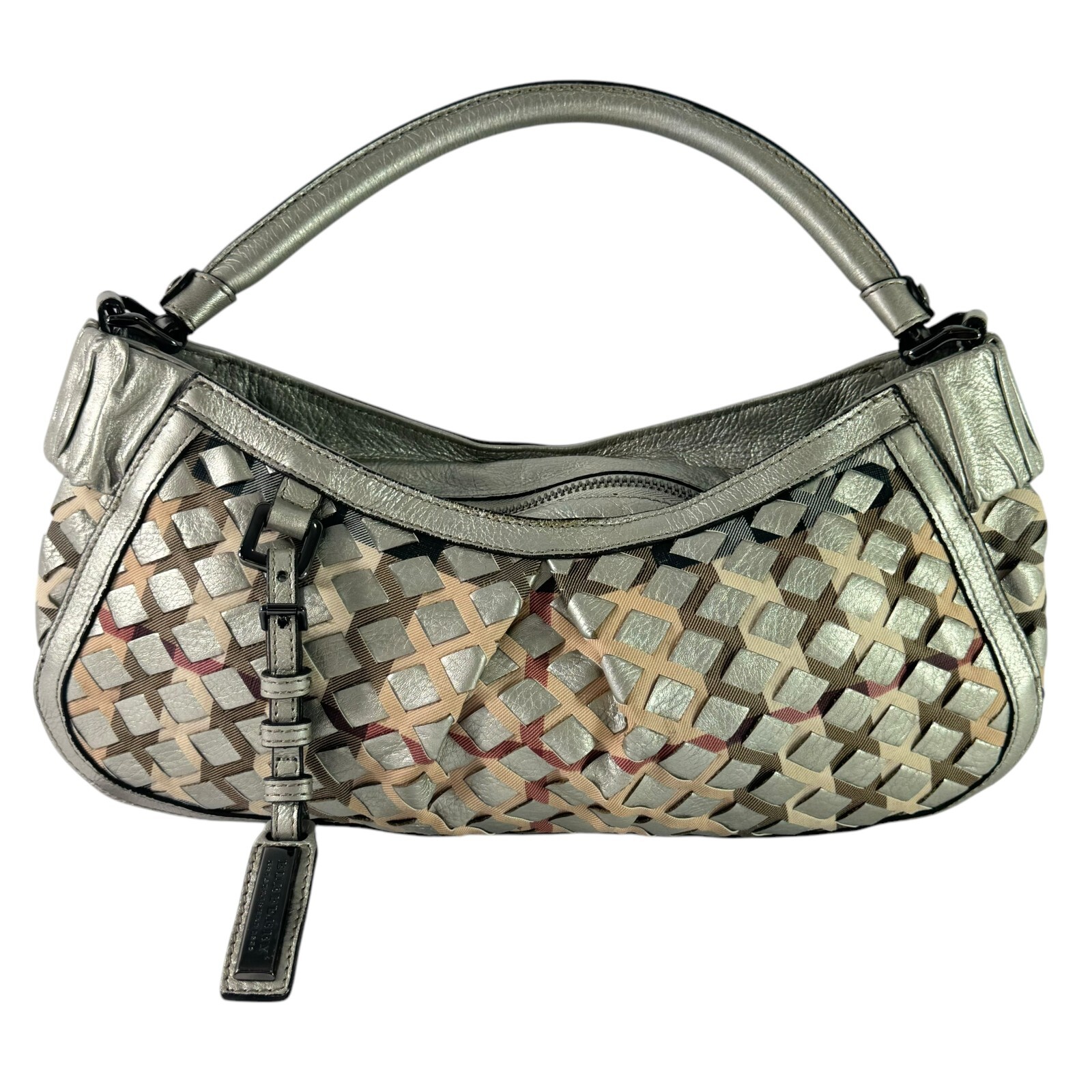 BURBERRY Silver Woven Leather and Nova Check Canvas Shoulder