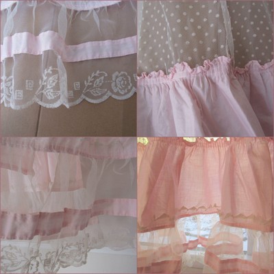 Shabby Vintage Victorian Pink Rose Ruffle Flocked Dot Curtains Pair Panels