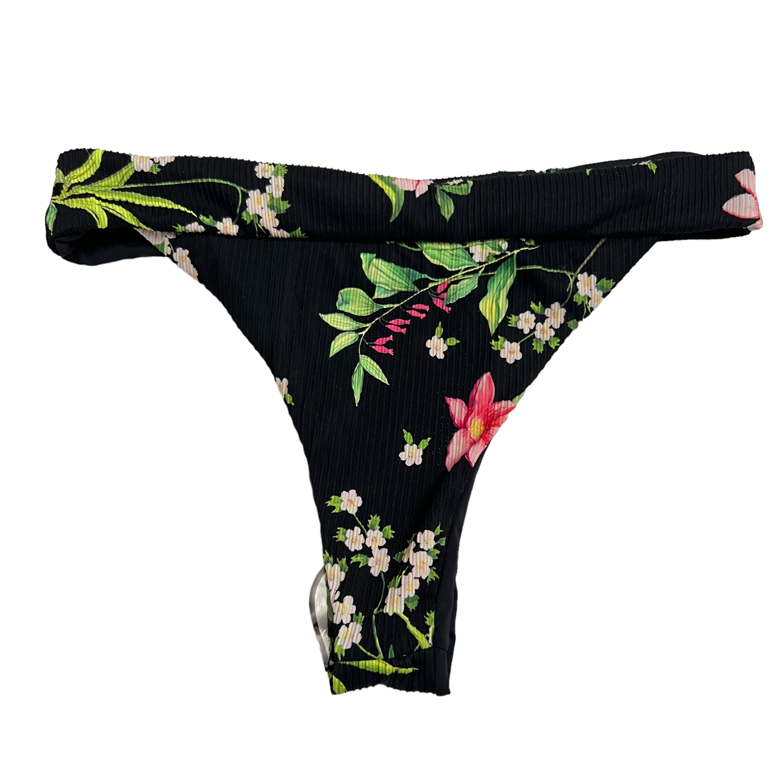 Swim bottoms Large thong cheeky black floral high cut swimsuit bathing suit NWOT