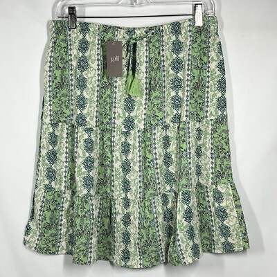 J. Jill Riviera Tiered Skirt Green Floral Mojito Stripe Tassels Size S NWT