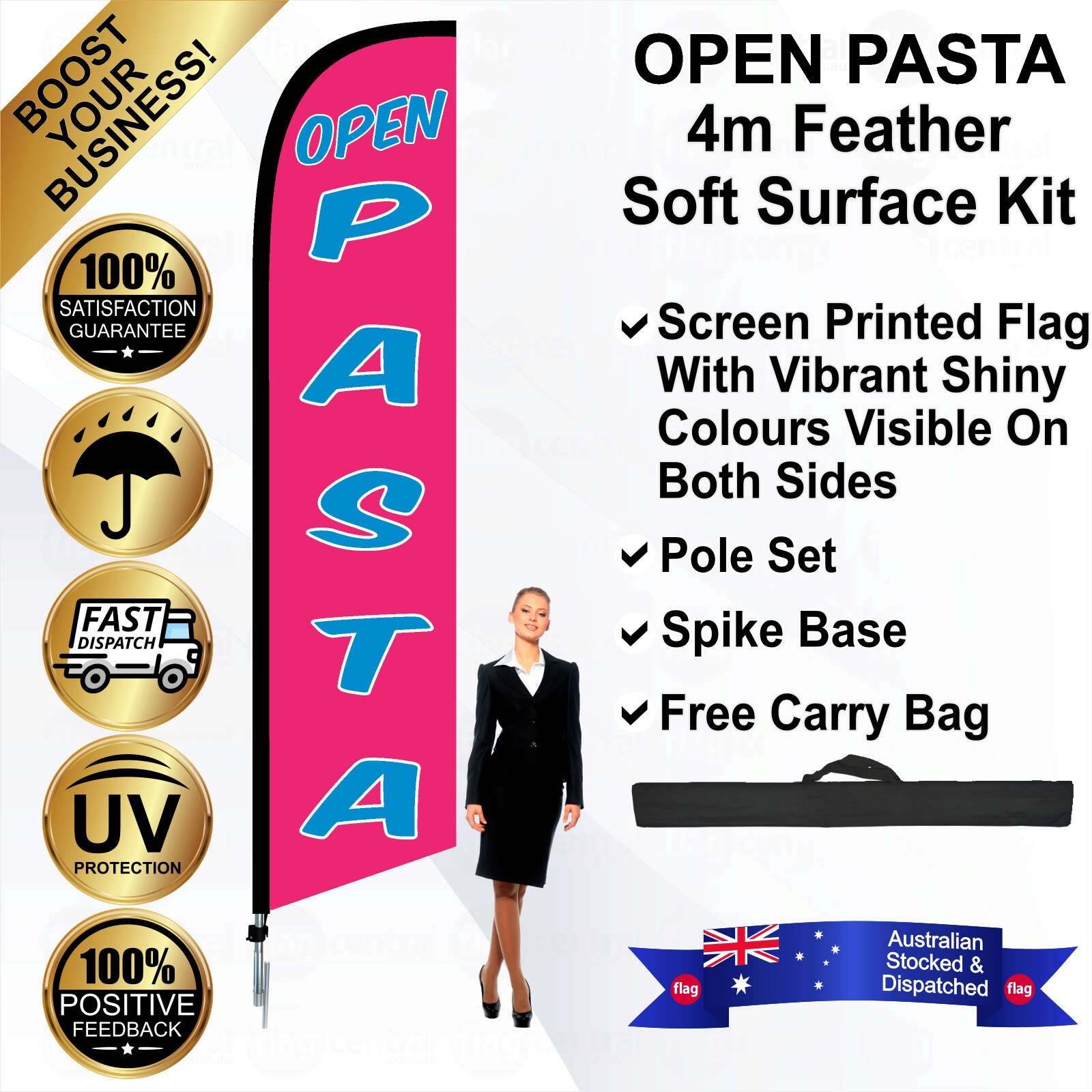OPEN PASTA Pink 4m Feather Flag / Banner Kit with Pole Set, Galvanised Steel Ground Spike and a Free Carry Bag