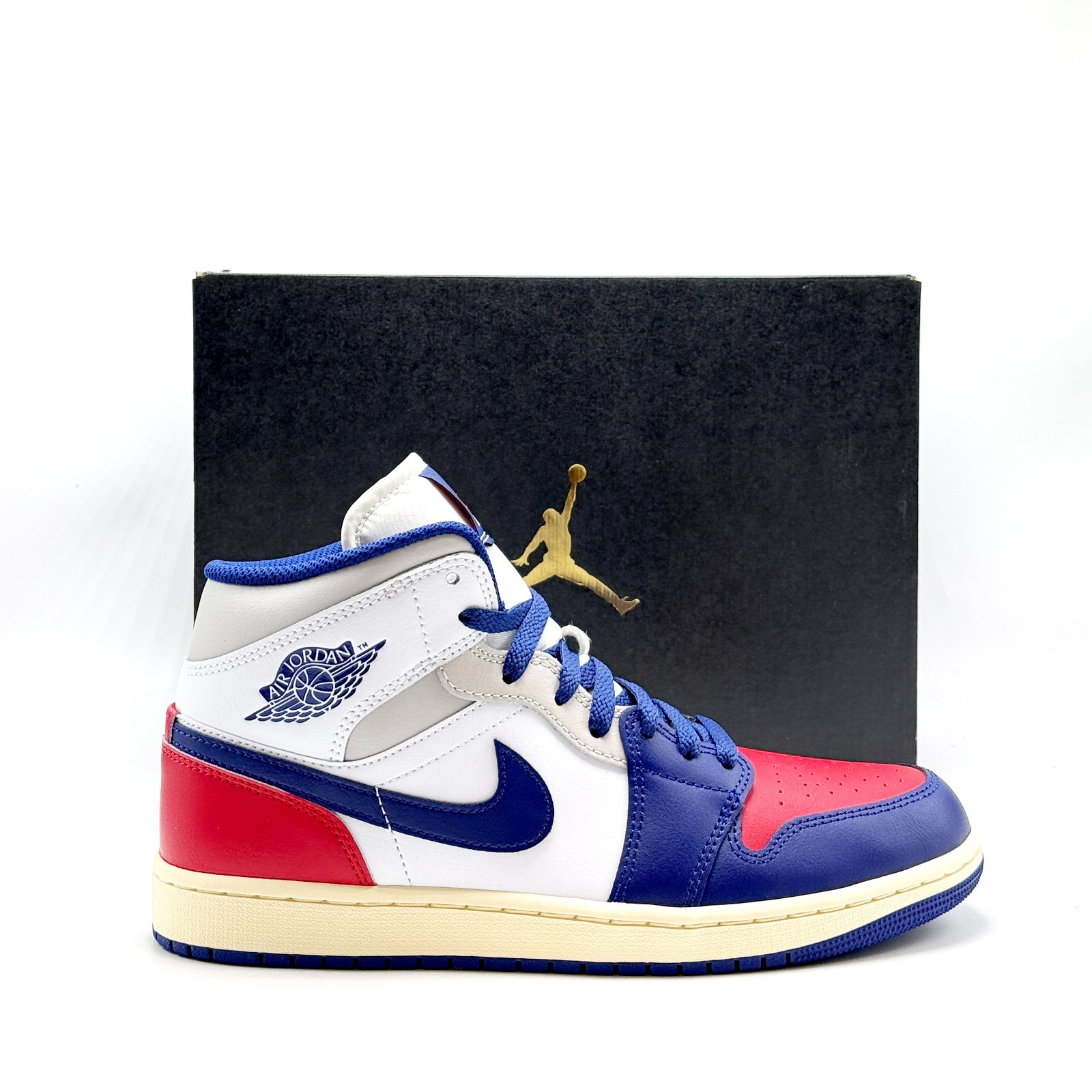 NEW* Men Air Jordan 1 Mid White/Red/Neutral Grey/Deep Royal Blue