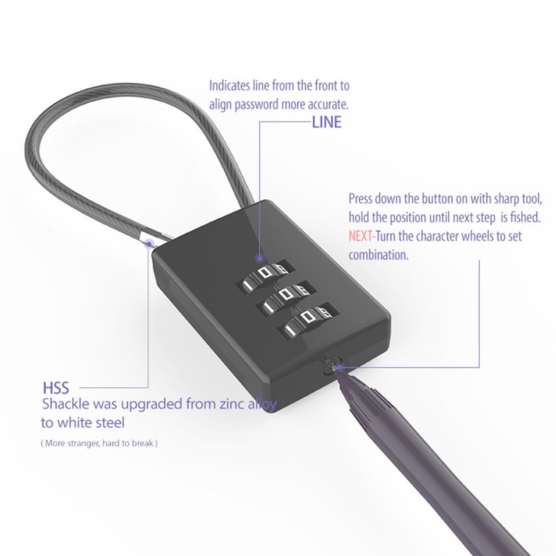Cable Luggage Locks Cable Lock for School Gym Locker 3 Digit Combination Padlock
