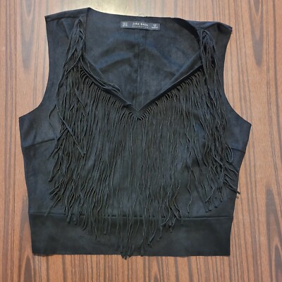 NWOT Zara Women's Black Sleeveless Boho Faux Seude Fringe Top Rave Size Small