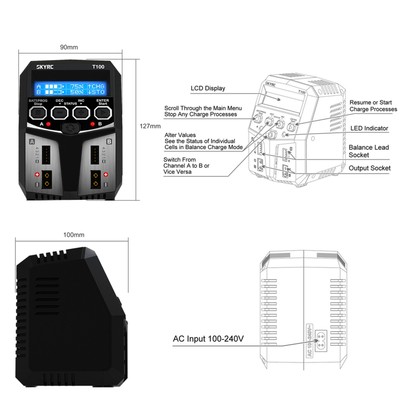 SKYRC T100 Dual Balance Charger 100W AC100-240V XT60 Plug For LiPo Battery O6U2