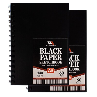 W.A. Portman 2 Black Paper Sketchbooks - A5 (6'' x 8.25'') Black Drawing Paper