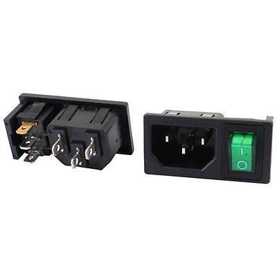 Green Lamp Panel Mount Rocker Switch IEC320 C14 Power Socket AC 10A 250V 2 Pcs