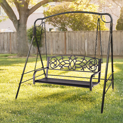 2-Person Metal Porch Swing Outdoor Hanging Swing Bench for Garden Yard Brown