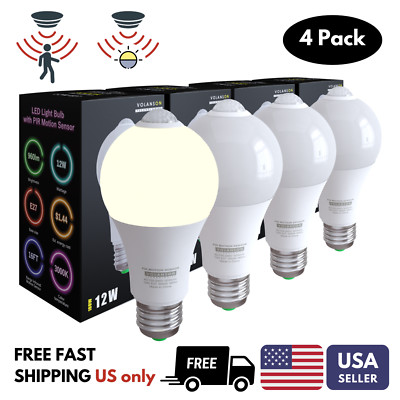 Motion Sensor LED Light Bulbs 12W (100W) E27 E26 Bulbs Automatic On/Off (4 Pack)