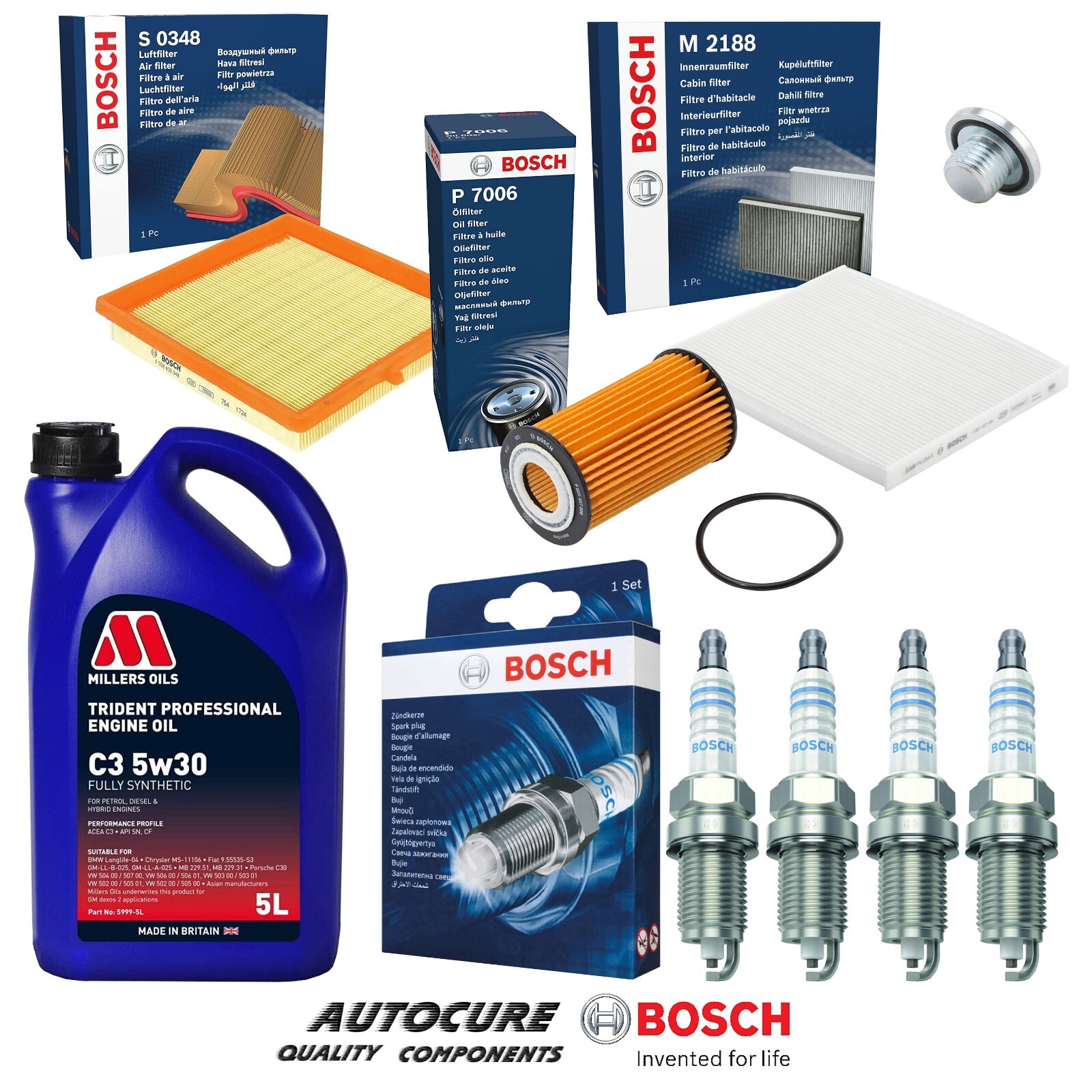 FOR VAUXHALL ADAM 1.2 MK1 PETROL BOSCH FILTER SERVICE KIT & SPARK PLUGS
