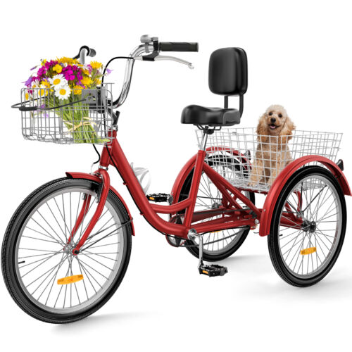 TAUS 24" 1-Speed Adult Trike Tricycle 3-Wheel Red Bike w/Rem