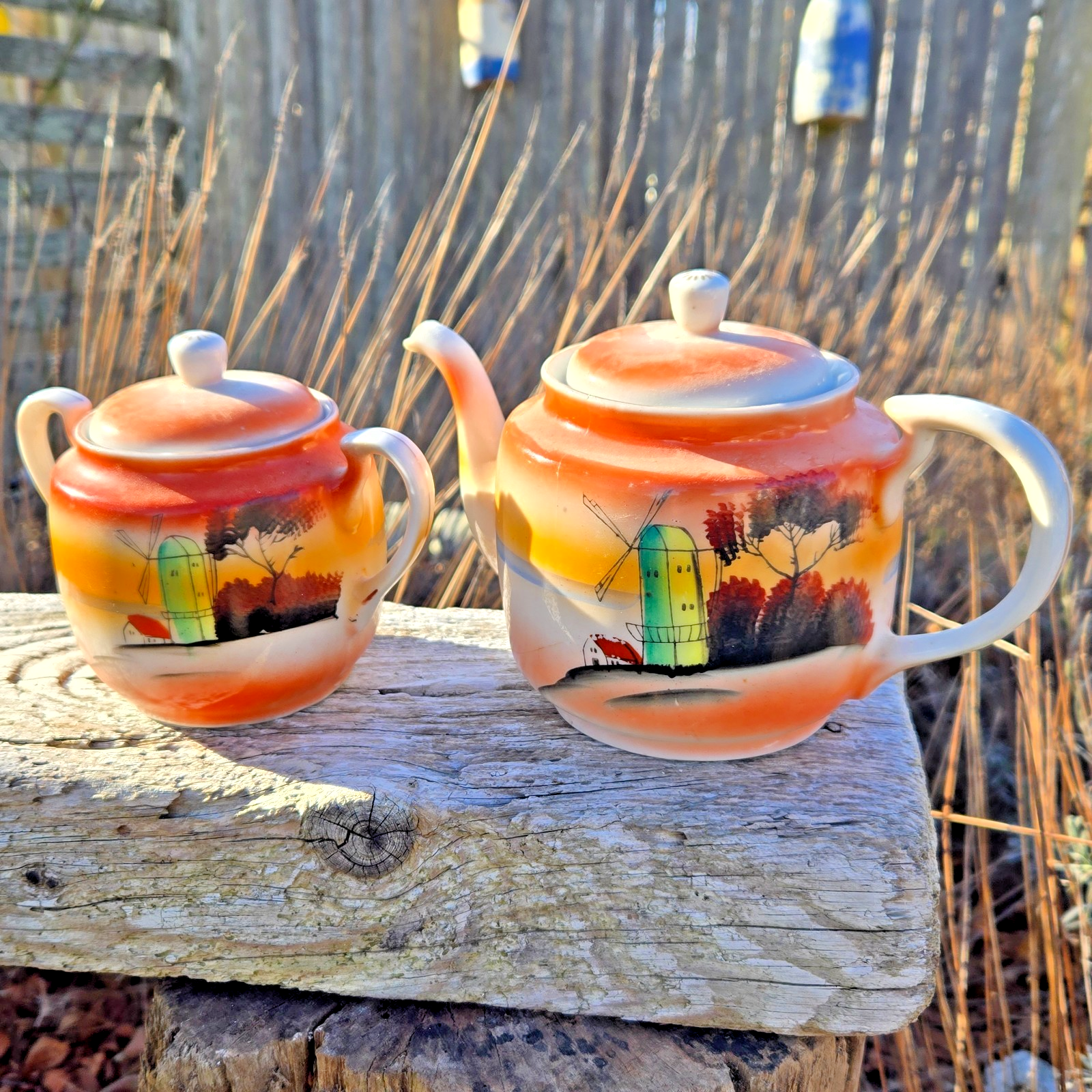 Vintage Japanese Hand Painted Tea Pot & Sugar Bowl Set Lusterware Windmill Japan