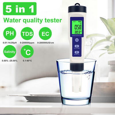 5 in 1 Digital LCD PH/TDS/EC/Temperature/Salinity Water Quality Tester Meter Pen