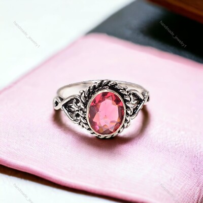 Pink Tourmaline Gemstone Jewelry Sterling Silver Friend Gift Vintage Ring Size 7