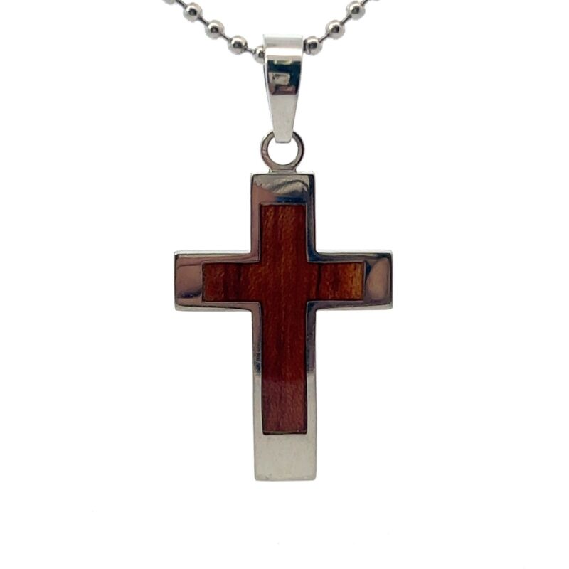 Shr & Simmons Stainless Steel And Wood 2 1/8 " X 1 1/8" Cross 22" Long Necklace