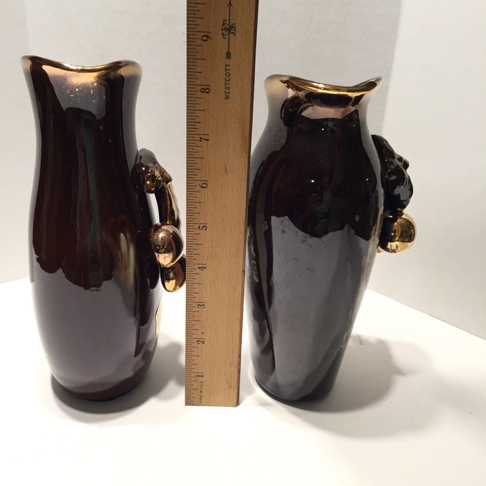 Vintage Pair Luster Brown & Gold Ceramic Pitcher Vases by Golden Bronze Pottery