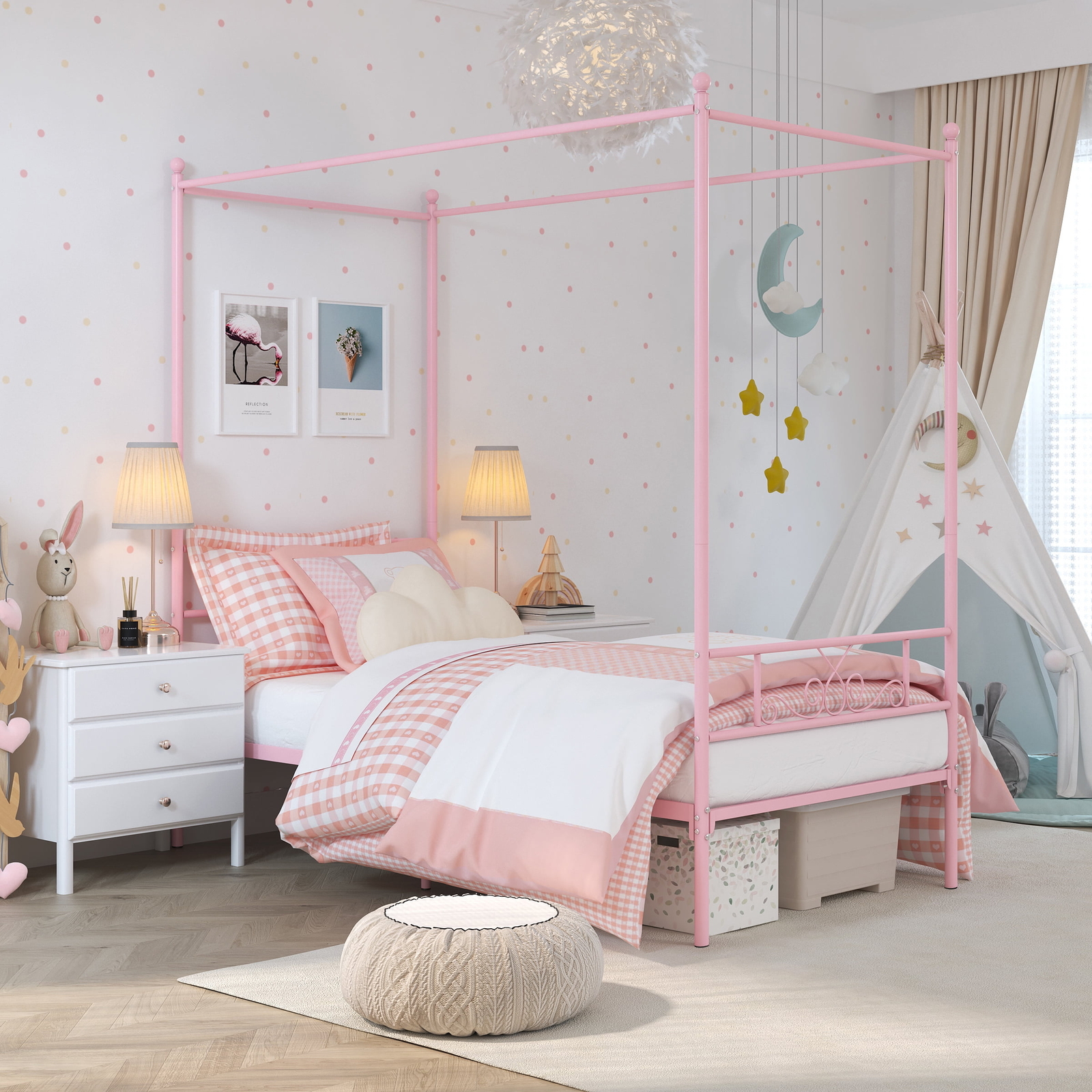 Twin Canopy Metal Bed Frame for Girls 2 in 1 Detachable Platform Bed Frame