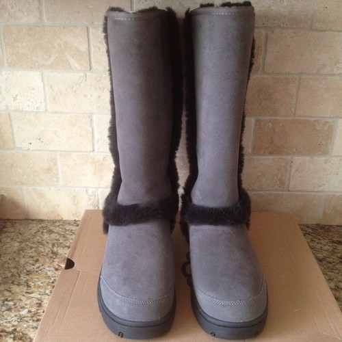 Pre-owned Ugg Sunburst Tall Grey Gray Black Suede Sheepskin Boots Size Us 11 Women In Grey / Black