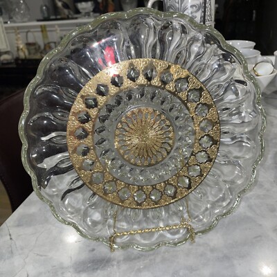 Vintage Culver Valencia Tray 10'' Crystal 22k Gold W/ Green Diamond Orig Tag Gone