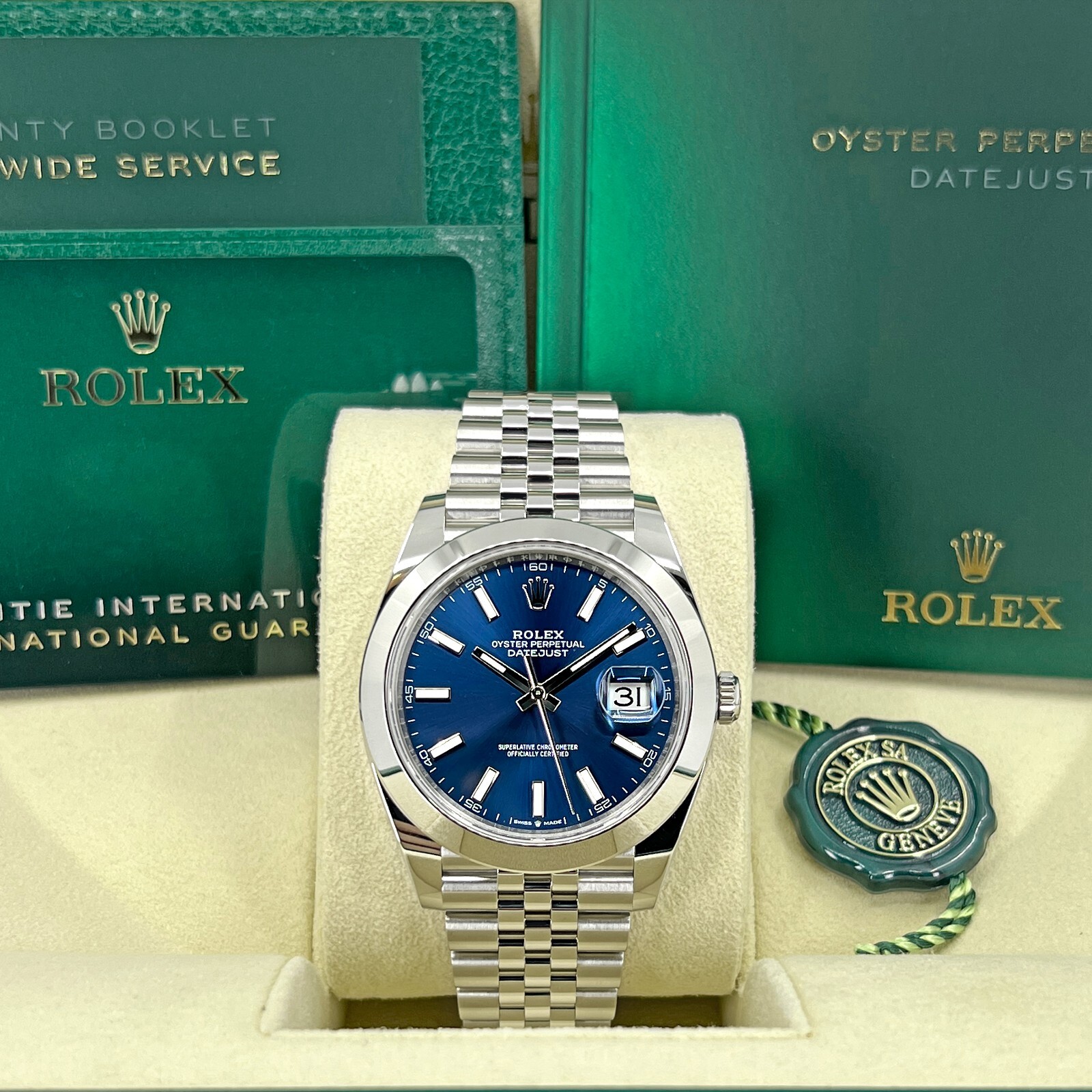 Pre-owned Rolex Datejust 41, Blue Stick, Jubilee, Ref 126300-0002, Unworn, Complete 2023+