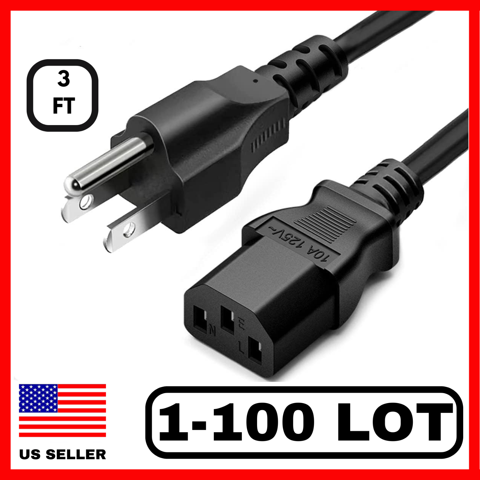 Lot 1-100 AC 3 Prong Universal Power Cord Short 3FT Cable For Desktop PC Xbox HP