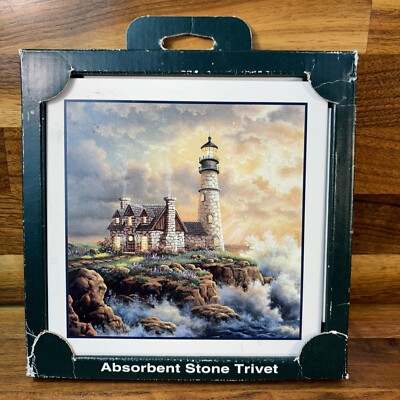 Absorbent Stone Trivet Lighthouse Stone Cliff Sea Scene Stone Art Made In USA