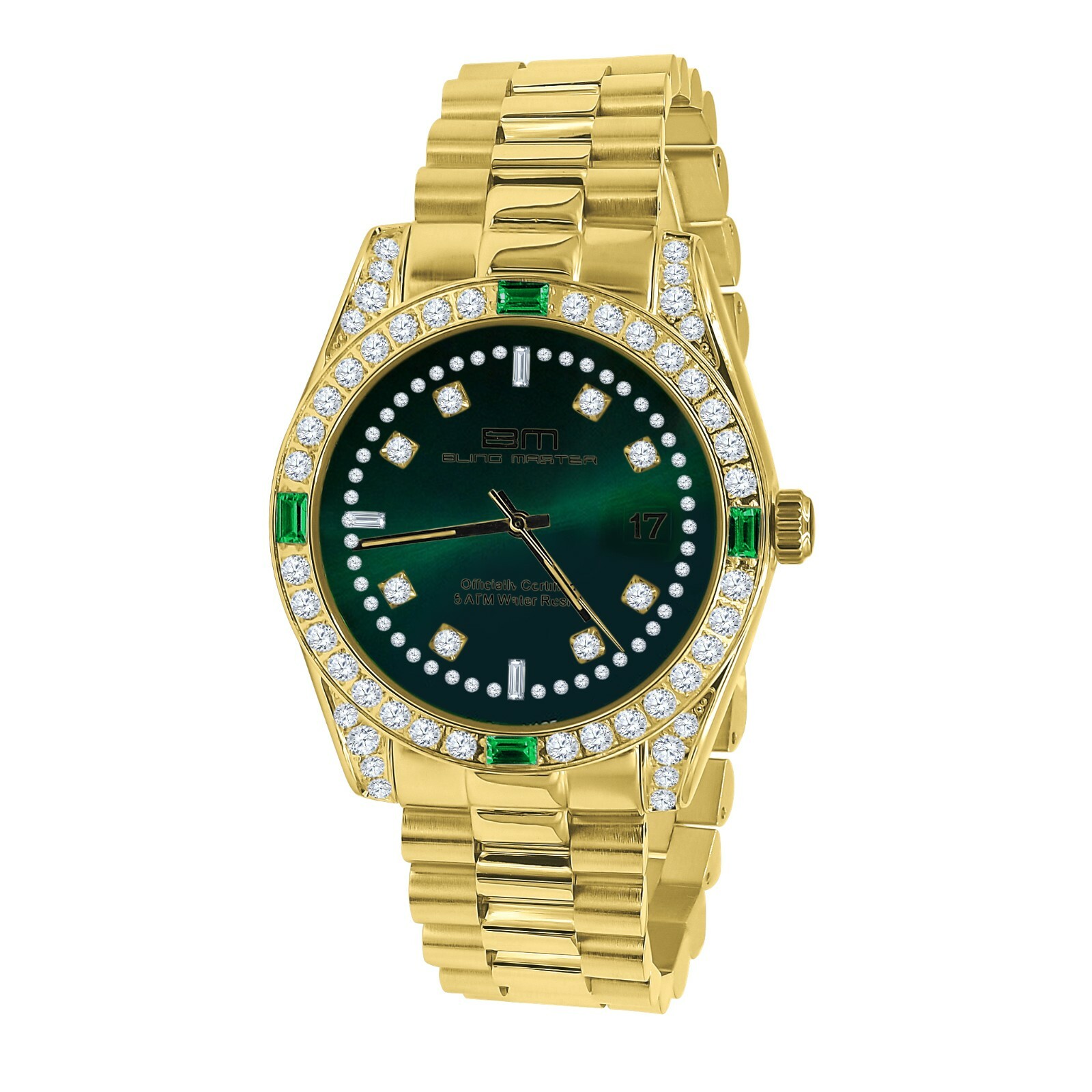 Pre-owned Bling Master Mens Solid Steel 18k Gold Tone Green Dial Simulated Diamond President Watch 40mm