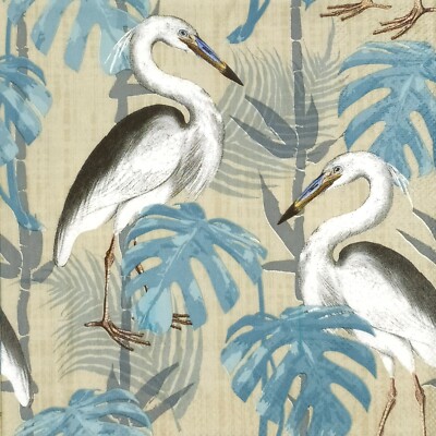 P900# 3 x Single Paper Napkins For Decoupage White Heron Monstera Leaf Collage