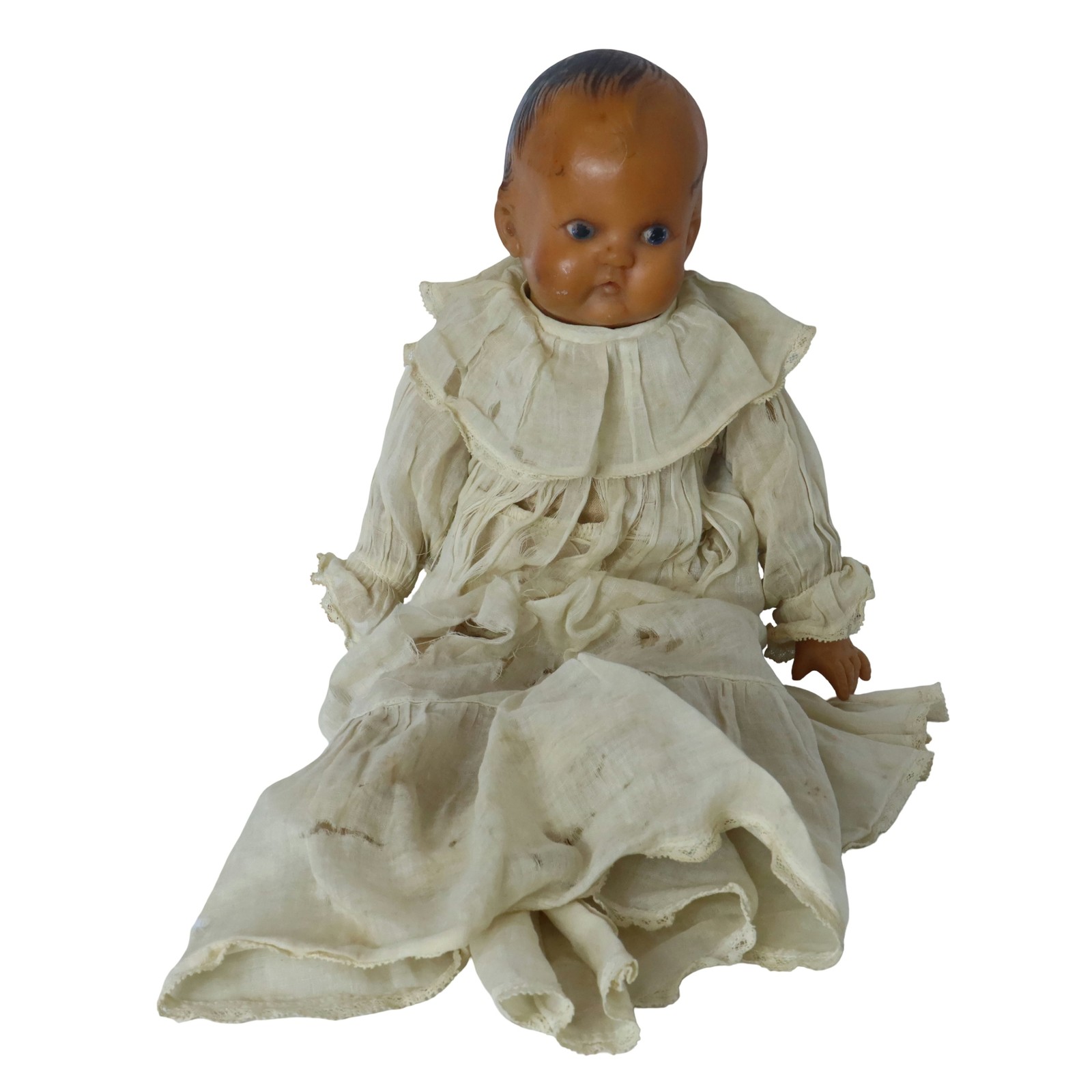 Antique French Rubber Baby Doll Cloth Body Original Christening Gown 1800s