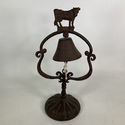 Cast Iron Table Top Dinner Bell Cow On Stand Western Cowboy Rustic 16'' Tall