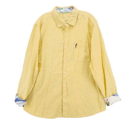 TOMMY BAHAMA 100% Linen Long Sleeve Shirt Bright Yellow Parrot EUC Relaxed XL