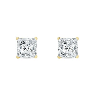 Pre-owned Shine Brite With A Diamond 5 Ct Princess Cut Earrings Studs Real Solid 14k Yellow Gold Push Back Basket In White/colorless