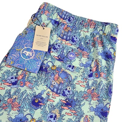 Peter Millar Mens XXL Seaside Lit Up Swim Trunks Drawstring Mesh Lined Fish