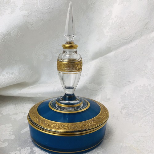 Fostoria Antique Blue Gold Perfume Bottle - Powder Dish Glass Stopper Combo Set