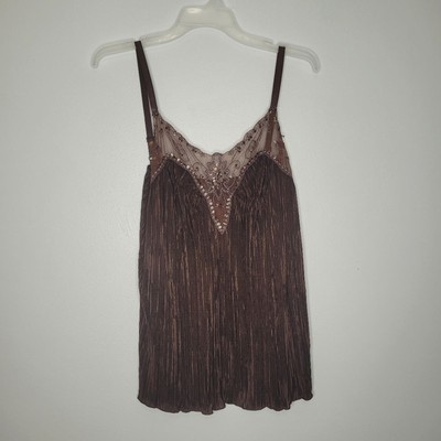 Vintage y2k Self-esteem brown pleated lace beaded boho girlie tank