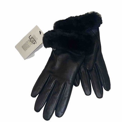 NWT New Womens UGG Black Shearling Shorty Trim Leather Gloves in Black XS