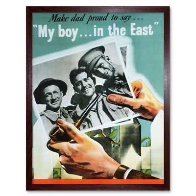 War WWII USA Boy East Pride Photo Pipe Dad Poster Wall Art Print Framed 12x16