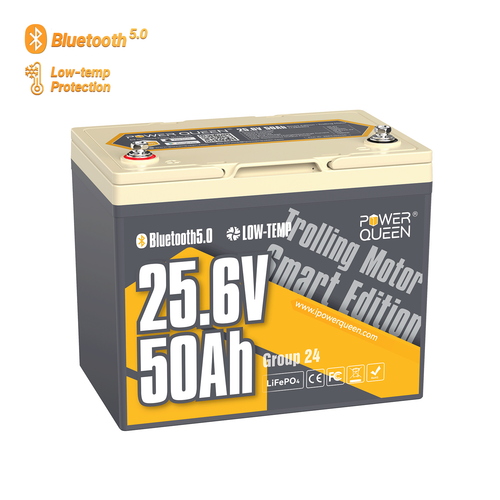 Power Queen 24V 50Ah TM Bluetooth LiFePO4 Battery for 70-100lbs Trolling Motor