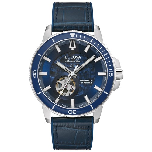 Pre-owned Bulova Classic Marine Star Automatic Blue Leather Strap Watch | 45mm | 96a291