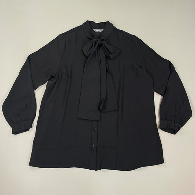 MARTHA STEWART Woven Front Button Blouse Top Tie Neck Women's Sz L Francesca Bla