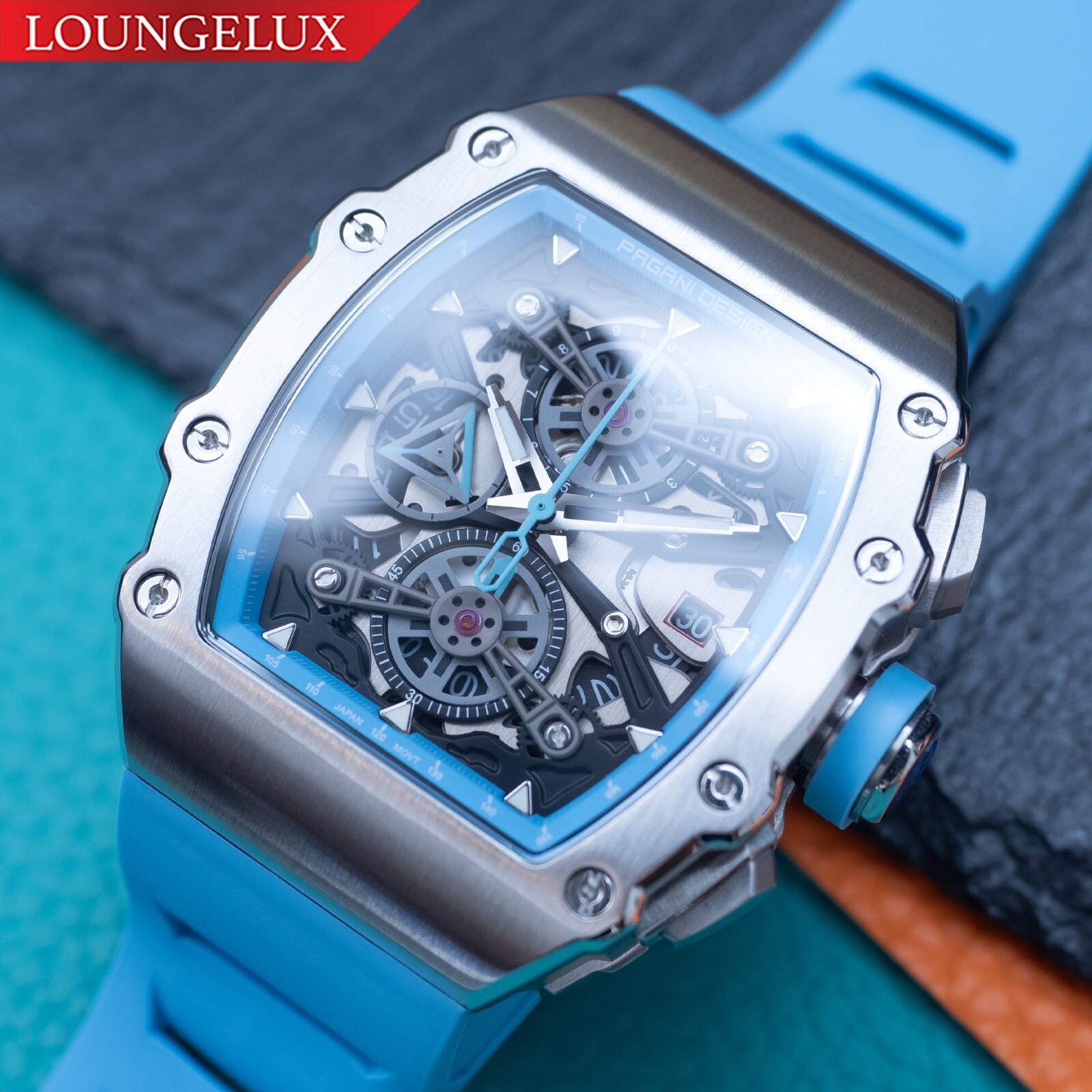 Pre-owned Pagani Chronograph Quartz Watch Stainless Steel Silicone Strap Luminous Hands Dial Gift In Silver / Orange