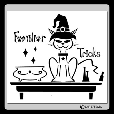 11 X 12 Fun Halloween Witch Cat Sign STENCIL ''Familiar Tricks'' kitchen/pet/craft