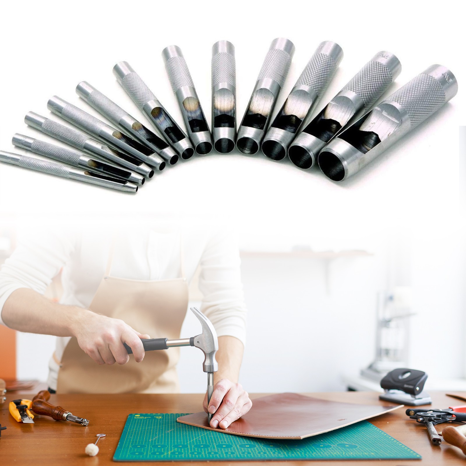 12pc Multi Size Hollow Punch Set 1mm-14mm Leather Plastic Gasket Hole Maker